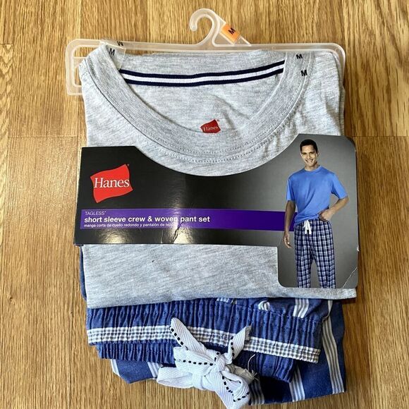 Hanes Short Sleeve Crew & Woven Pant Set Oatmeal Heather Medium - Picture 1 of 10